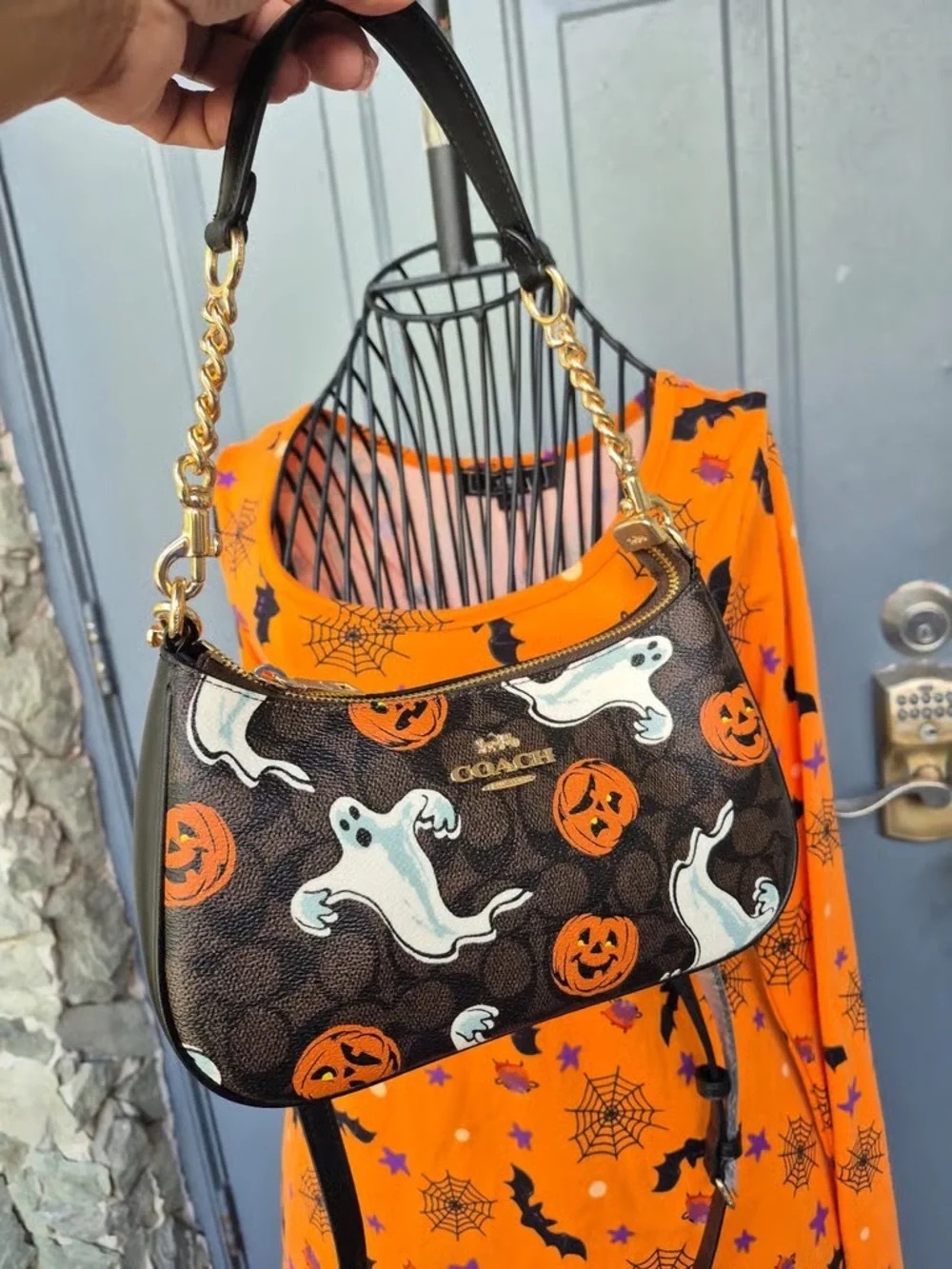 Coach Black Leather Shoulder Bag with White Ghosts & Orange Jack-O'-Lanterns
